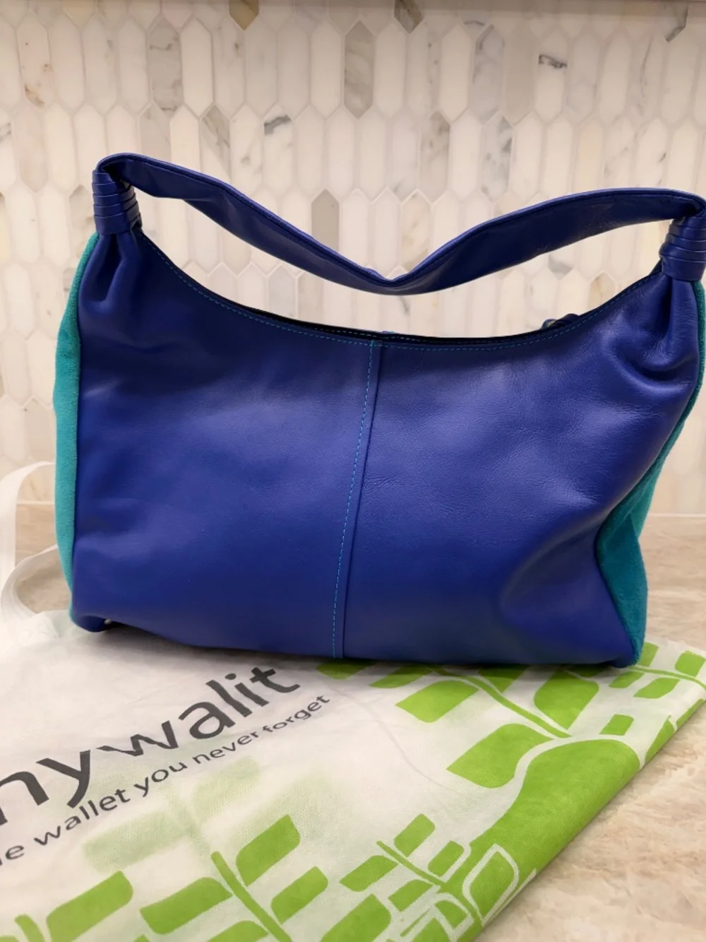 Mywalit Bag Royal Blue Leather with turquoise suede side panels, MINT